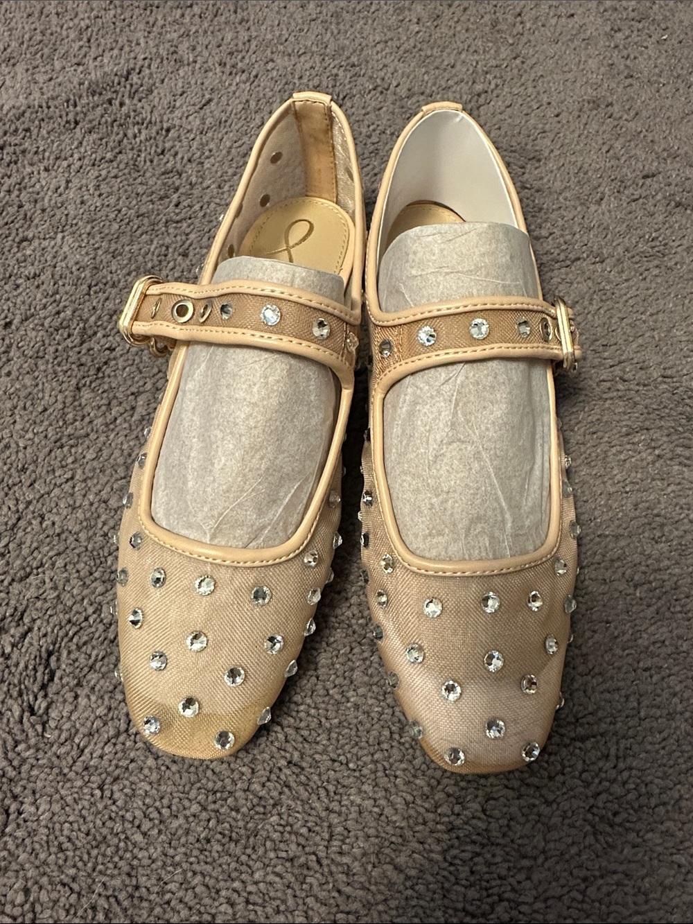 Sam Edelman Michaela Mesh Beige Mary Jane Flats with Crystal Studs